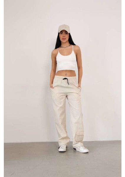 Mottisfashion Praşut Kumaş Paça Cepli Baggy Eşofman - Bej