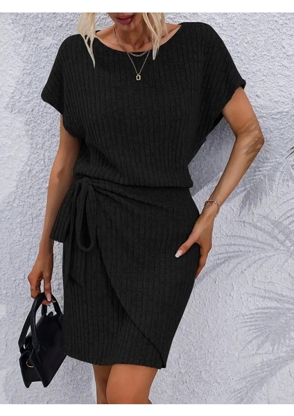 Mottisfashion Kadın Kısa Kollu Yakası Açık Belden Lastikli Yandan Bağlamalı Kalın Fitilli Kaşkorse Elbise