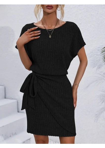 Mottisfashion Kadın Kısa Kollu Yakası Açık Belden Lastikli Yandan Bağlamalı Kalın Fitilli Kaşkorse Elbise fırsatları