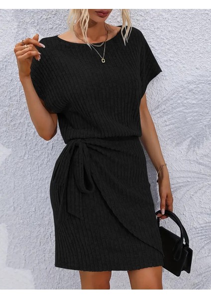 Mottisfashion Kadın Kısa Kollu Yakası Açık Belden Lastikli Yandan Bağlamalı Kalın Fitilli Kaşkorse Elbise indirimleri
