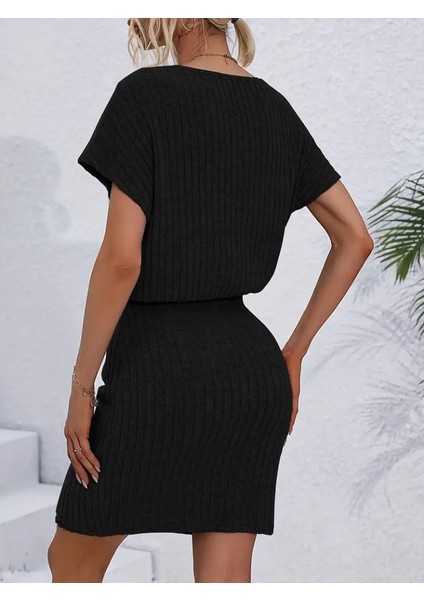 Mottisfashion Kadın Kısa Kollu Yakası Açık Belden Lastikli Yandan Bağlamalı Kalın Fitilli Kaşkorse Elbise