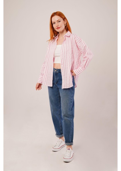 Mottisfashion Çizgili Rahat Kesim Pembe Gömlek fiyatları