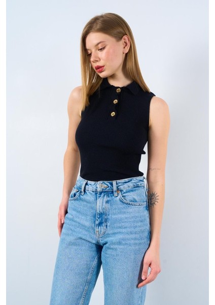 Mottisfashion Patlı Düğmeli Triko Atlet - Siyah