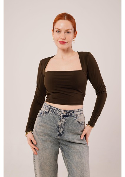 Mottisfashion Kare Yaka Basic Kahverengi Bluz