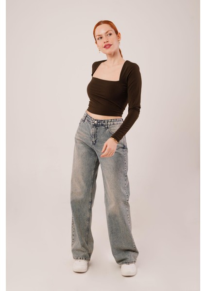 Mottisfashion Kare Yaka Basic Kahverengi Bluz fiyatları