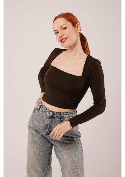 Mottisfashion Kare Yaka Basic Kahverengi Bluz fırsatları