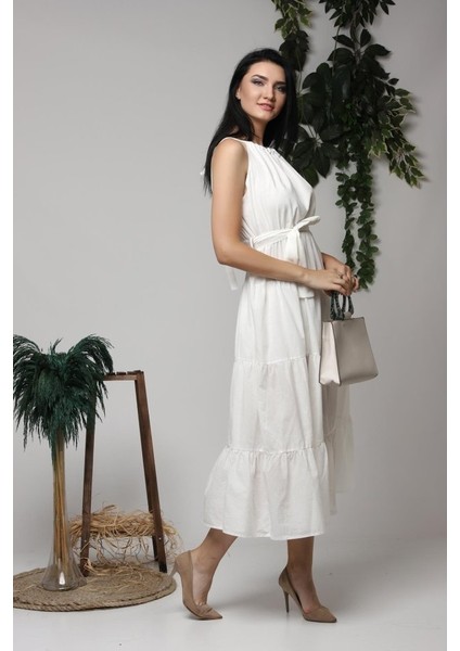 Mottisfashion Ekru Halter Yakalı Kuşaklı Elbise fiyatları