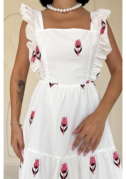 Mottisfashion Fuşya Sıfır Kol Fırfırlı Elbise modelleri