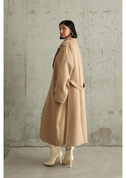 Mottisfashion Camel Uzun Kaşe Kemerli Kaban fiyatları