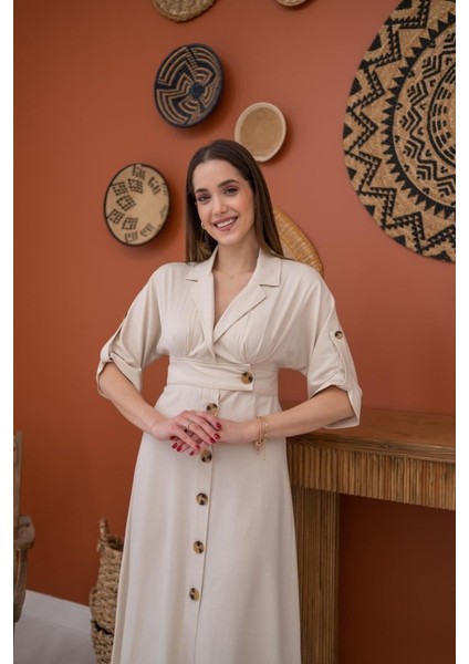 Mottisfashion Bej Düğmeli Keten Elbise