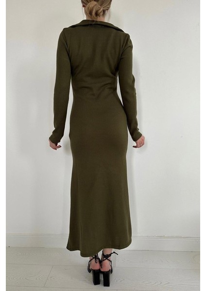 Mottisfashion Haki Büzgülü Triko Balık Elbise
