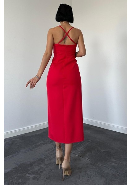 Mottisfashion Kırmızı Sırt Dekolteli Elbise