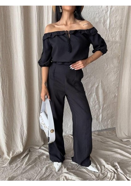 Mottisfashion Keten Madonna Yaka Kol Hasır Şerit - Pantolon Takım - Siyah fırsatları