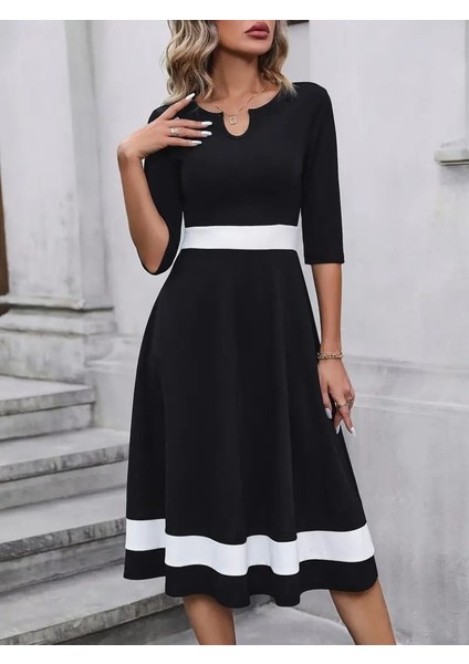 Mottisfashion Kadın Truvakar Kol Yakası Açık Blok Renkli Krep Midi Elbise