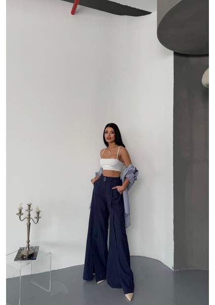 Mottisfashion Salaş Önden Yırtmaç Detaylı Bel Kemerli Pantolon - Lacivert