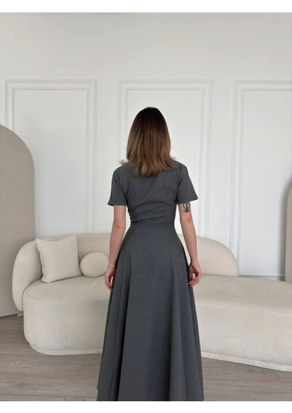 Mottisfashion Kısa Kollu Önden Fermuarlı Çan Etekli Uzun Elbise - Antrasit fırsatları