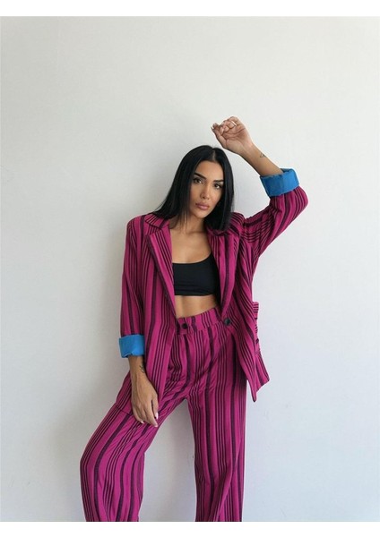 Mottisfashion Ottoman Çizgili Ceket-Pantolon Tk - Fuşya