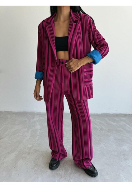 Mottisfashion Ottoman Çizgili Ceket-Pantolon Tk - Fuşya fiyatları