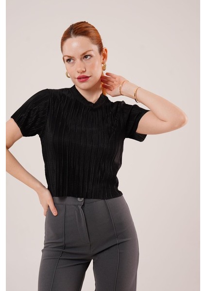 Mottisfashion Fitilli Kısa Kollu Parlak Siyah Bluz indirimleri