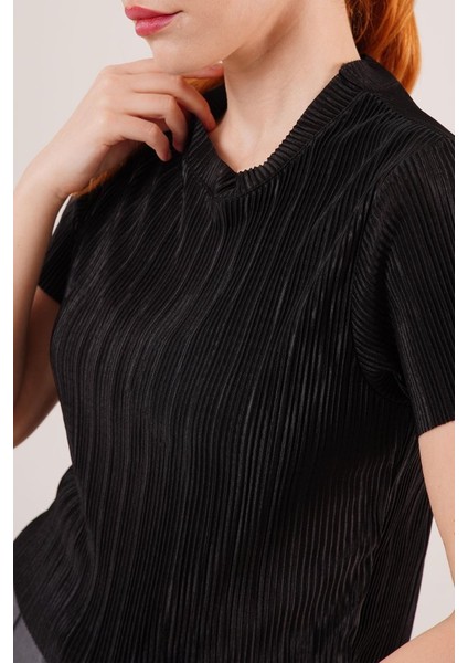 Mottisfashion Fitilli Kısa Kollu Parlak Siyah Bluz