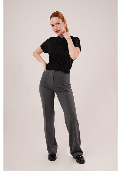 Mottisfashion Fitilli Kısa Kollu Parlak Siyah Bluz