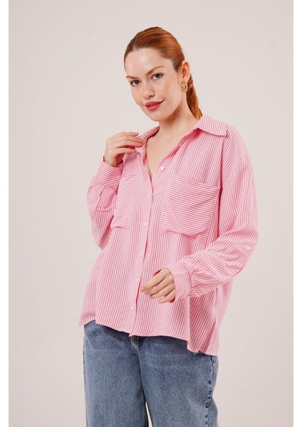 Mottisfashion Yarasa Kol Çizgili Cep Detaylı Pembe Gömlek