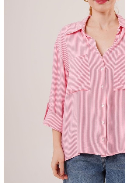 Mottisfashion Yarasa Kol Çizgili Cep Detaylı Pembe Gömlek modelleri