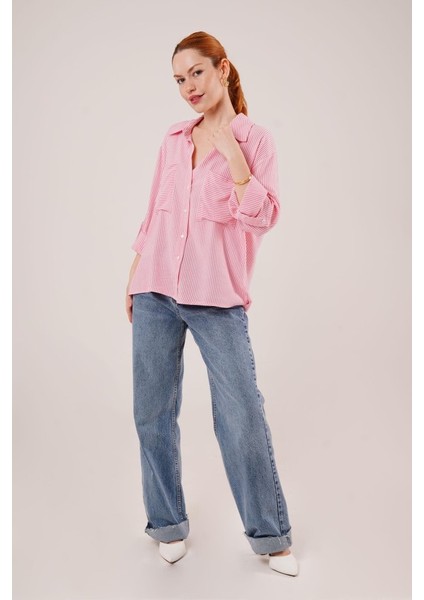 Mottisfashion Yarasa Kol Çizgili Cep Detaylı Pembe Gömlek indirimleri
