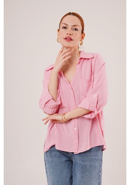 Mottisfashion Yarasa Kol Çizgili Cep Detaylı Pembe Gömlek