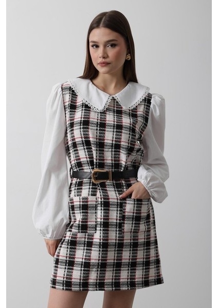 Mottisfashion Ekoseli Gömlek Detaylı Elbise - Siyah indirimleri