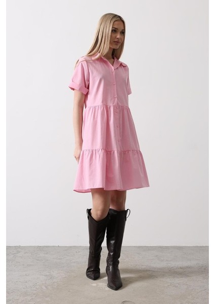 Mottisfashion Kısa Kol Düğmeli Elbise - Şeker Pembe