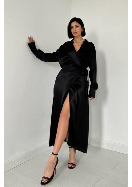 Mottisfashion Siyah Kuşaklı Gömlek Elbise