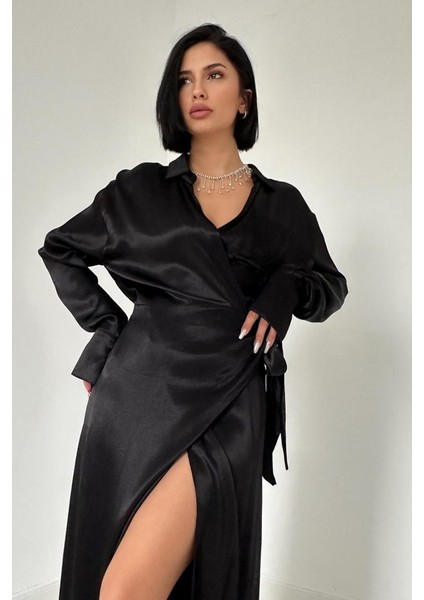 Mottisfashion Siyah Kuşaklı Gömlek Elbise