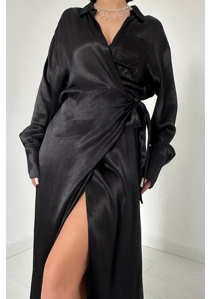 Mottisfashion Siyah Kuşaklı Gömlek Elbise