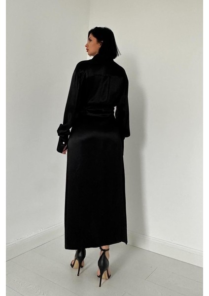 Mottisfashion Siyah Kuşaklı Gömlek Elbise