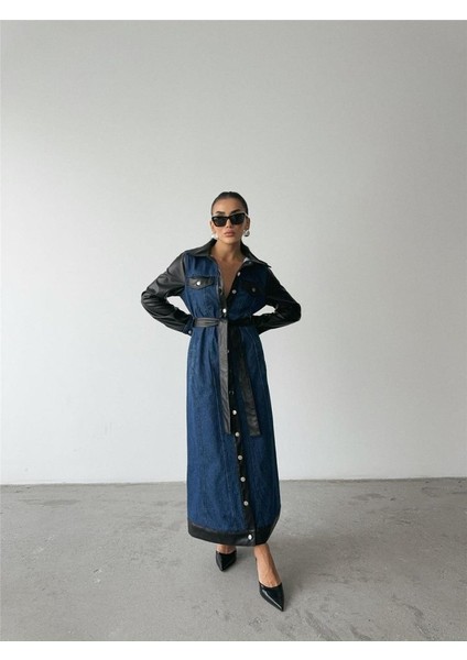 Mottisfashion Kot Elbise Uzun Önden Düğmeli - Mavi fiyatları