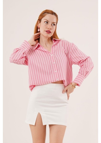 Mottisfashion Çift Çizgi Geçişli Düğmeli Pembe Gömlek