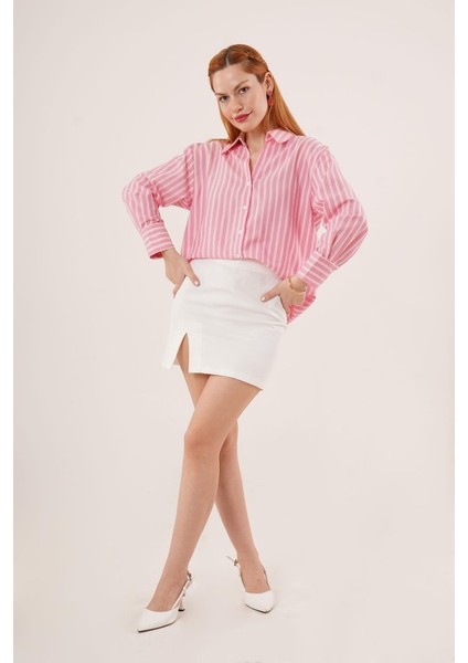 Mottisfashion Çift Çizgi Geçişli Düğmeli Pembe Gömlek