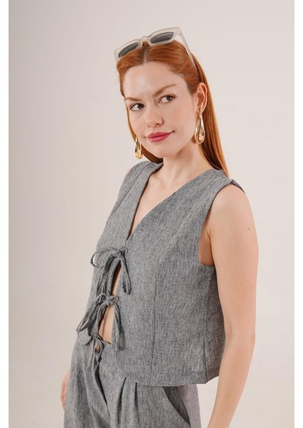 Mottisfashion Ön Bağlama Detaylı Yelek ve Pantolon Antrasit Ikili Takım fiyatları