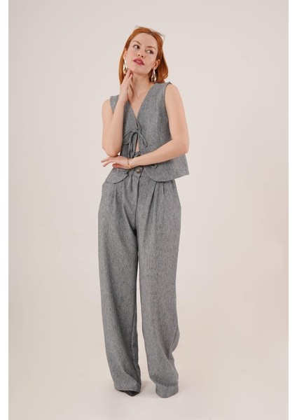 Mottisfashion Ön Bağlama Detaylı Yelek ve Pantolon Antrasit Ikili Takım