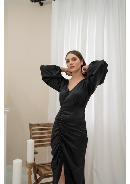 Mottisfashion Siyah V Yaka Saten Elbise fiyatları