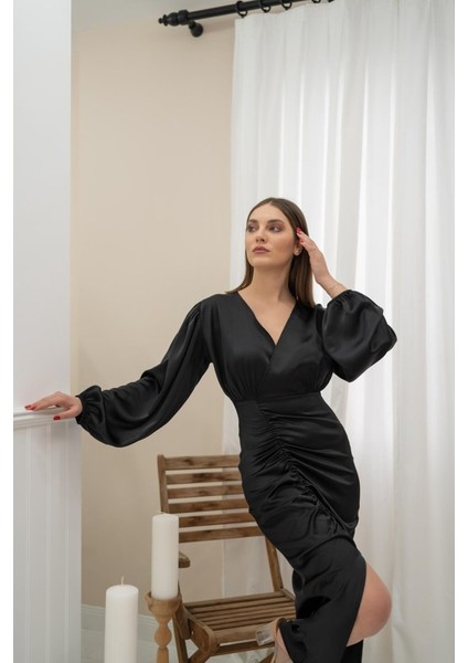 Mottisfashion Siyah V Yaka Saten Elbise