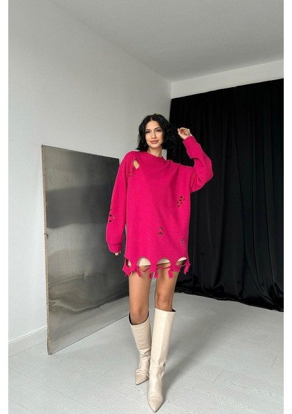 Mottisfashion Fuşya Lazer Kesim Bluz