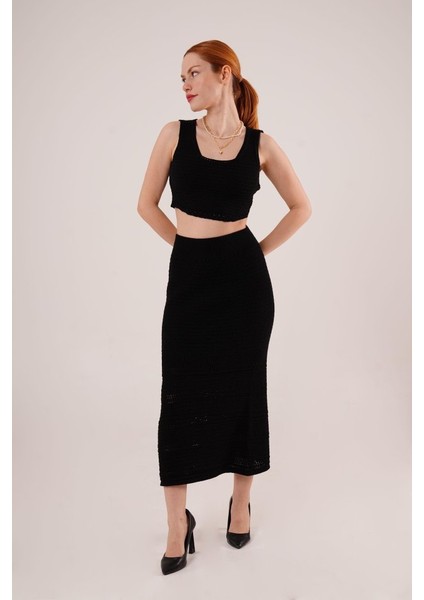 Mottisfashion Örme Detaylı Etek ve Bluz Siyah Takım fırsatları
