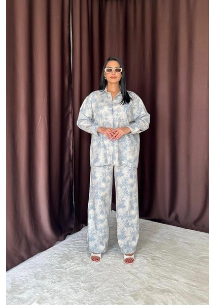 Mottisfashion Mavi Leopar Desenli Ceket ve Pantolon Keten Takım