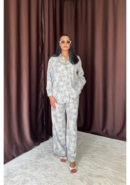 Mottisfashion Mavi Leopar Desenli Ceket ve Pantolon Keten Takım fiyatları