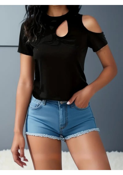 Mottisfashion Kadın Kısa Kollu Tek Omuzu Açık Damla Detaylı Viskon Bluz