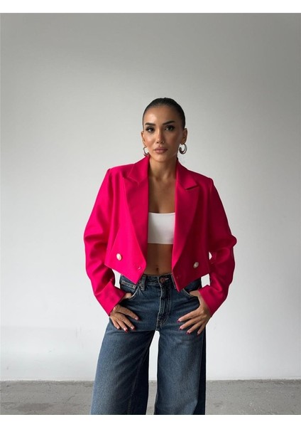 Mottisfashion Arkası Inci Düğme Detaylı Crop Ceket - Fuşya