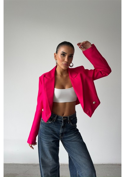 Mottisfashion Arkası Inci Düğme Detaylı Crop Ceket - Fuşya fiyatları