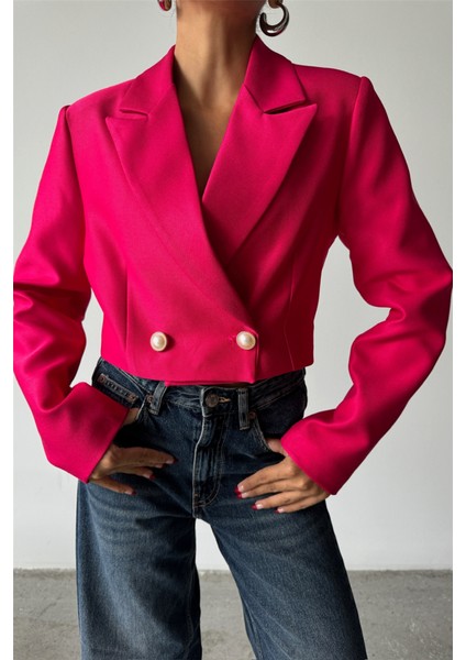 Mottisfashion Arkası Inci Düğme Detaylı Crop Ceket - Fuşya fırsatları